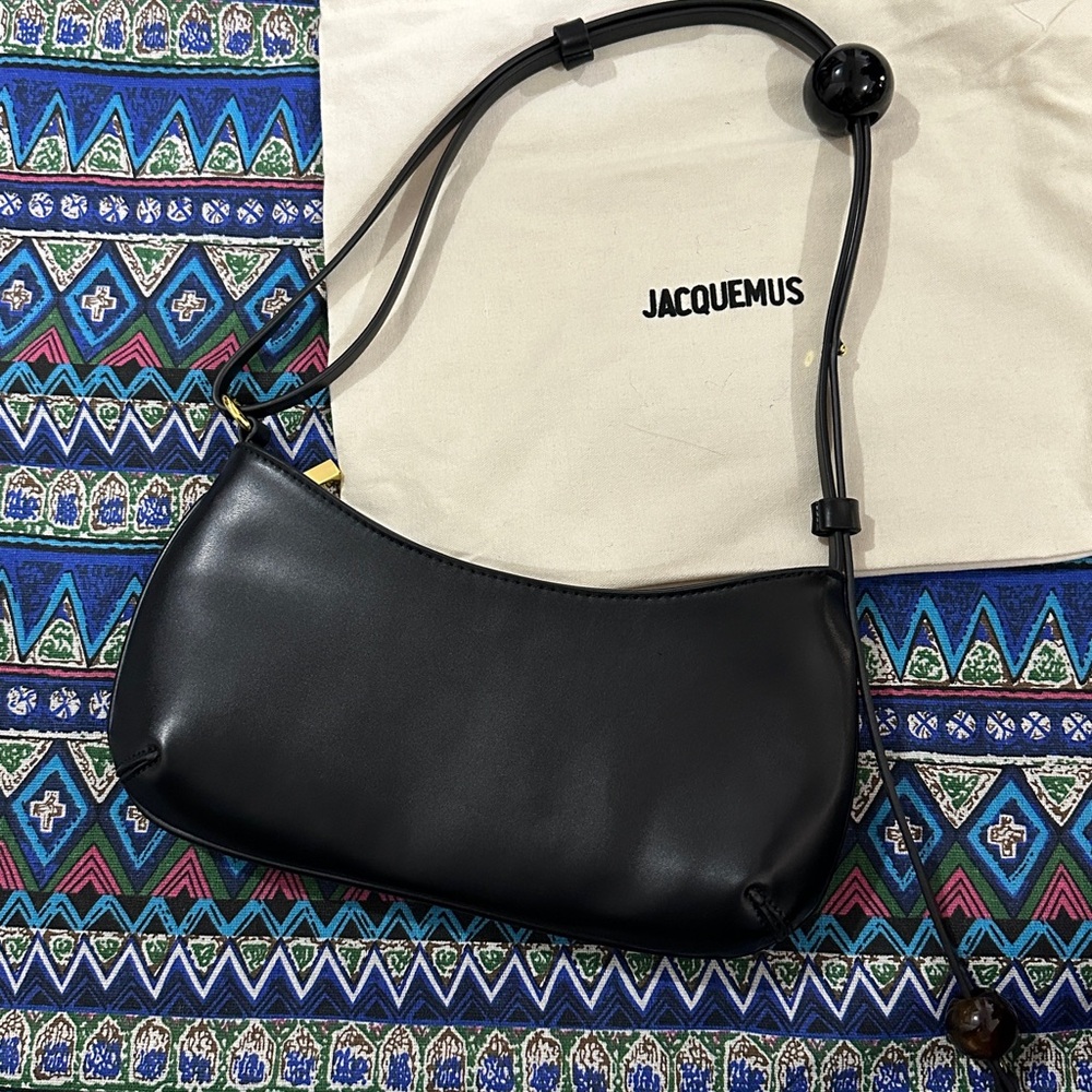 Jacquemus Black Leather Shoulder Bag with Gold Logo - Picture 2 of 12